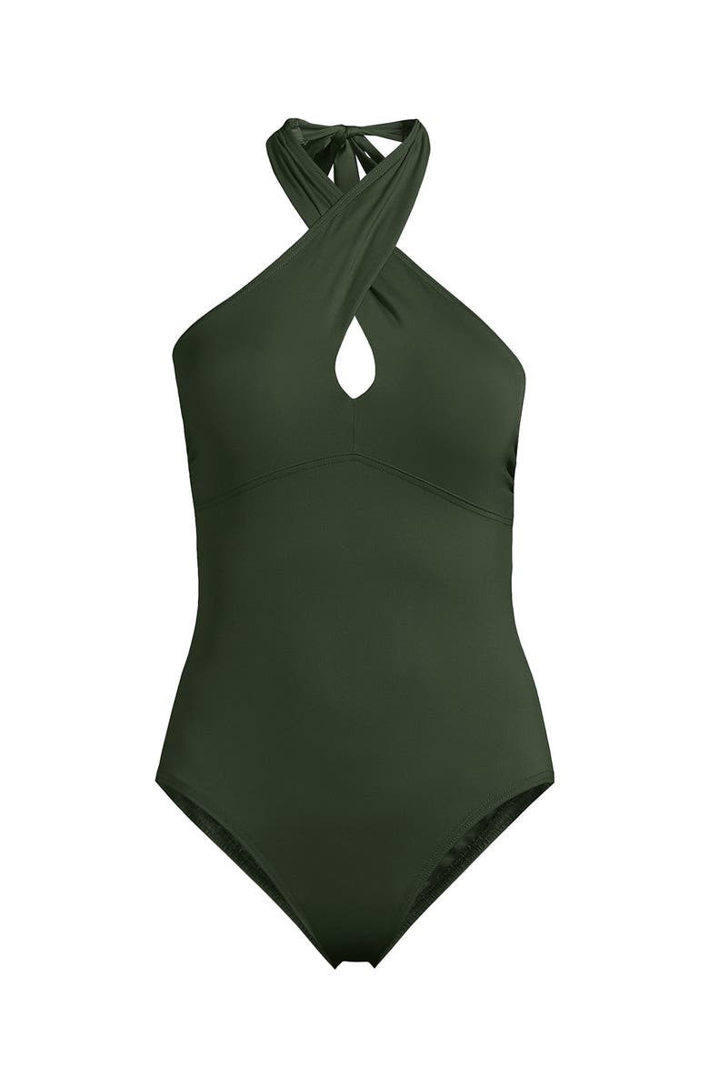 Lands' End Criss Cross Halter One Piece Swimsuit, Alternate, color, Rich Olive Green