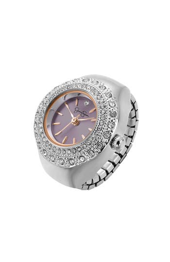 Jessica Simpson Milgrain Crystal Quartz Ring Watch, 20mm In Silver