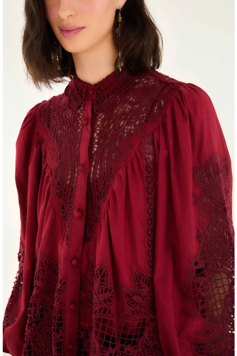 Guipure Lace Cotton Button-Up Shirt, Alternate, color, BURGUNDY