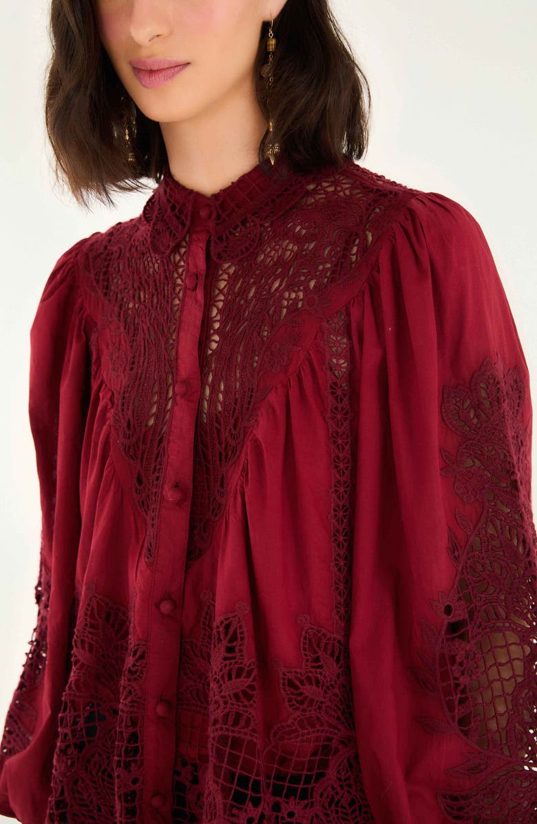 FARM Rio Guipure Lace Cotton Button-Up Shirt, Alternate, color, Burgundy