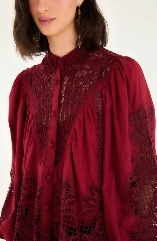 Farm Rio Guipure Lace Cotton Button-up Shirt In Red