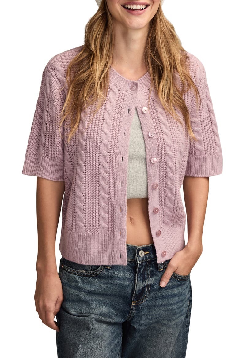 Short Sleeve Cable Cardigan, Main, color, DAWN PINK