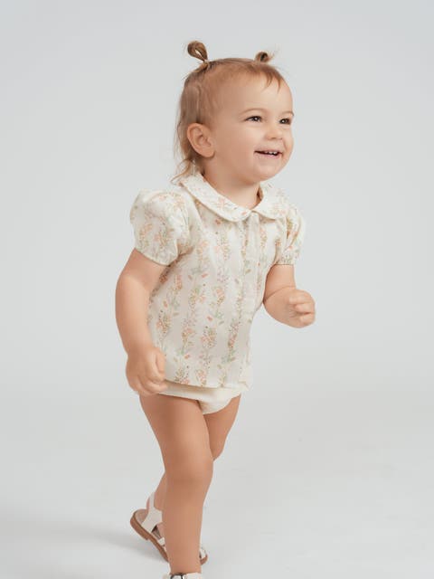 Girls Floral Collared Puff Sleeve Blouse