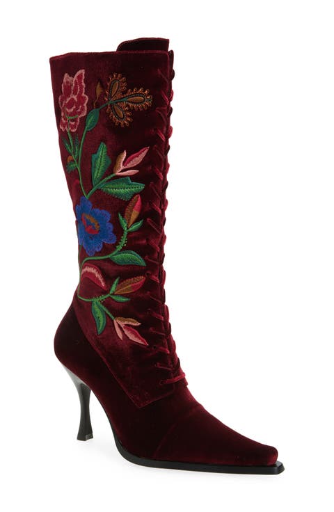 Joyeux Floral Lace-Up Knee High Boot (Women)