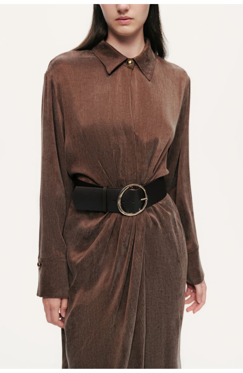 Nocturne Belted Draped Shirt-Collar Maxi Dress, Alternate, color, Brown