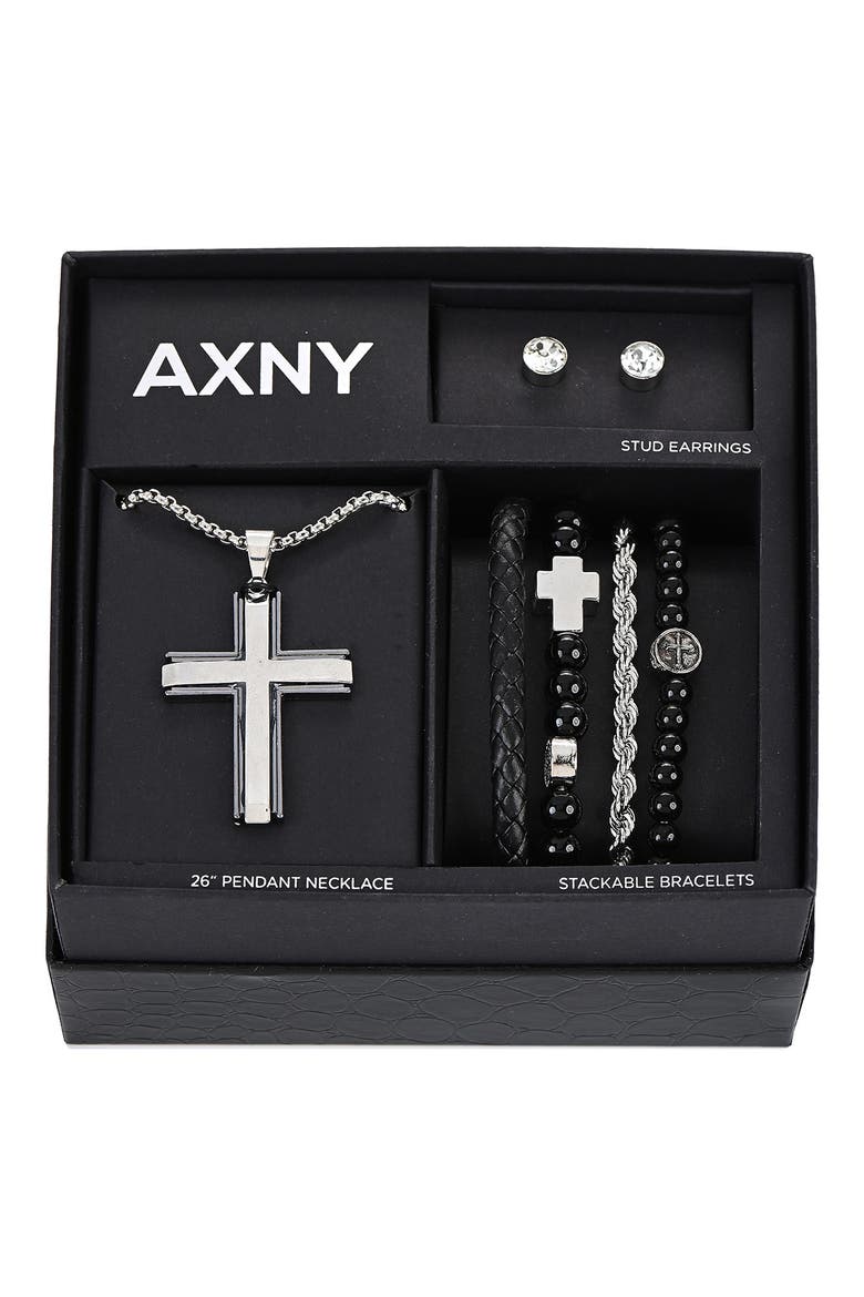 Men's Cross Pendant Necklace, Bracelets & Earrings Gift Set, Main, color, SILVER/ BLACK
