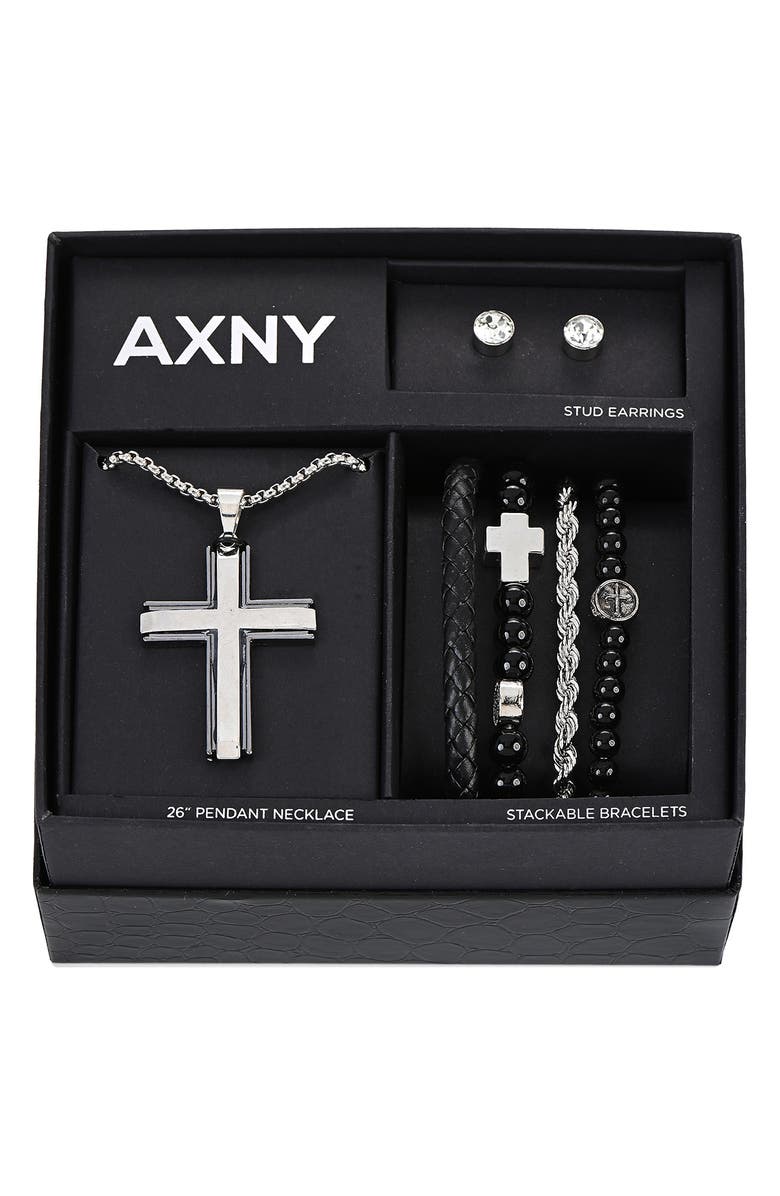 AMERICAN EXCHANGE Men's Cross Pendant Necklace, Bracelets & Earrings Gift Set, Main, color, Silver/ Black