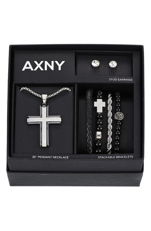 Men's Cross Pendant Necklace, Bracelets & Earrings Gift Set