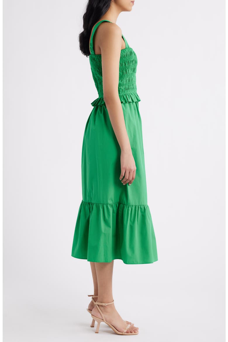 Smock Bodice Cotton Midi Sundress, Alternate, color, GREEN
