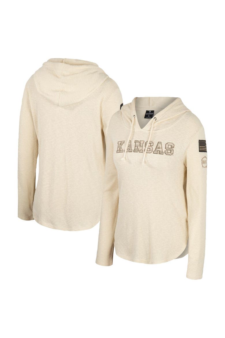 Women's Colosseum Cream Kansas Jayhawks OHT Military Appreciation Casey Raglan Long Sleeve Hoodie T-Shirt, Main, color, Cream