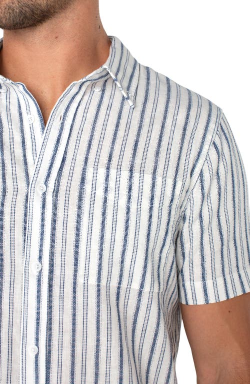 Liverpool Los Angeles Stripe Short Sleeve Linen & Cotton Button-up Shirt In White/navy