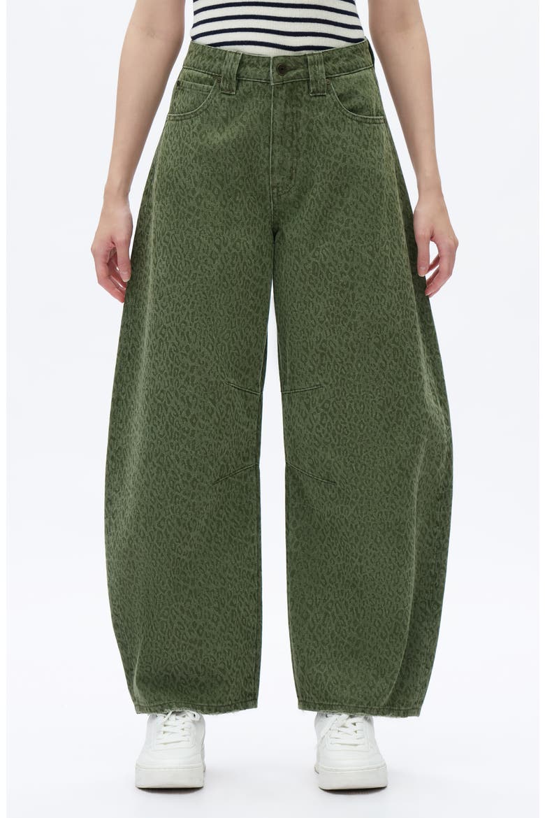 Leopard Print High Waist Drop Crotch Barrel Jeans, Main, color, GREEN