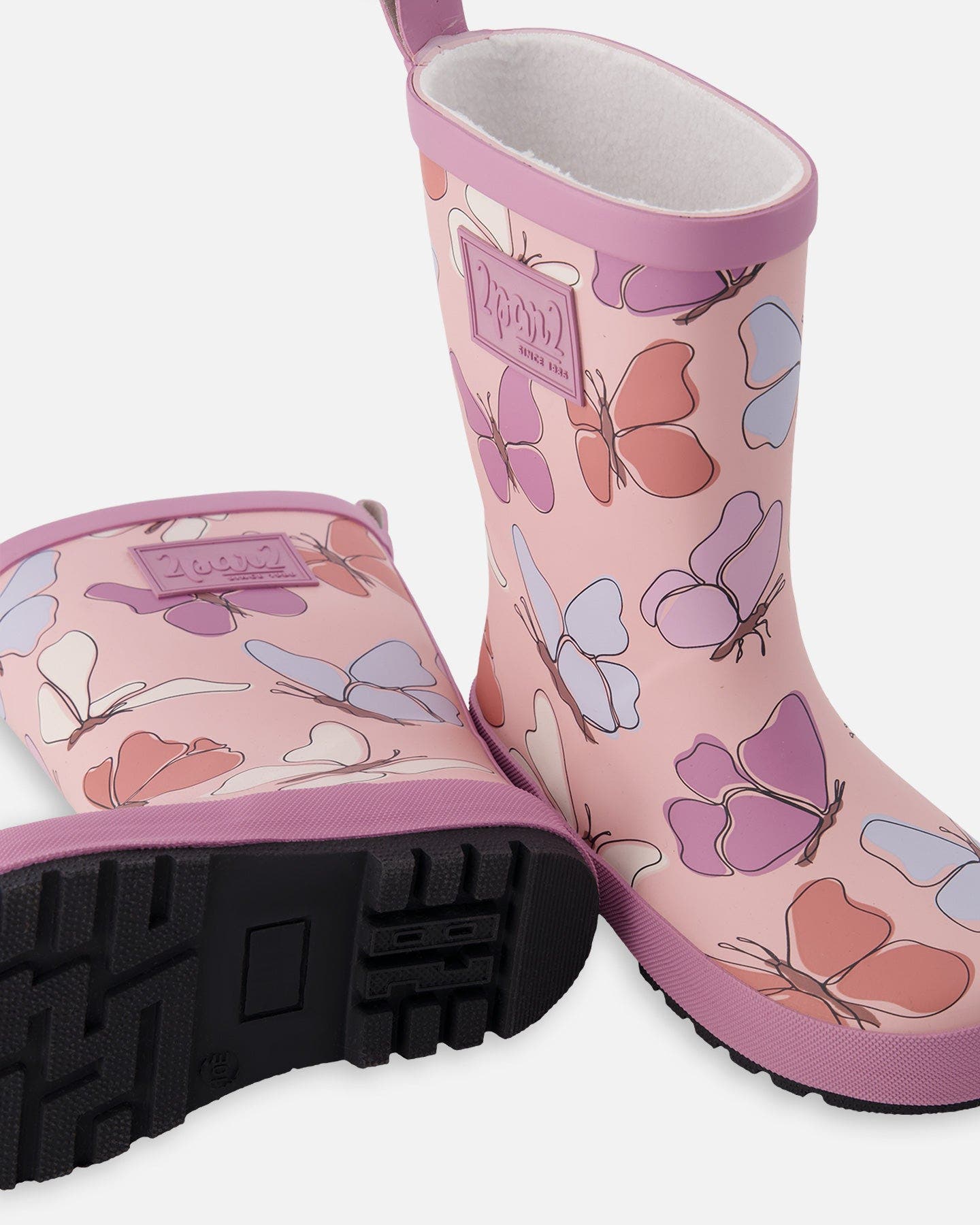 Deux par Deux Waterproof Butterfly Rain Boots in Natural Rubber, Alternate, color, Pink Butterfly Print