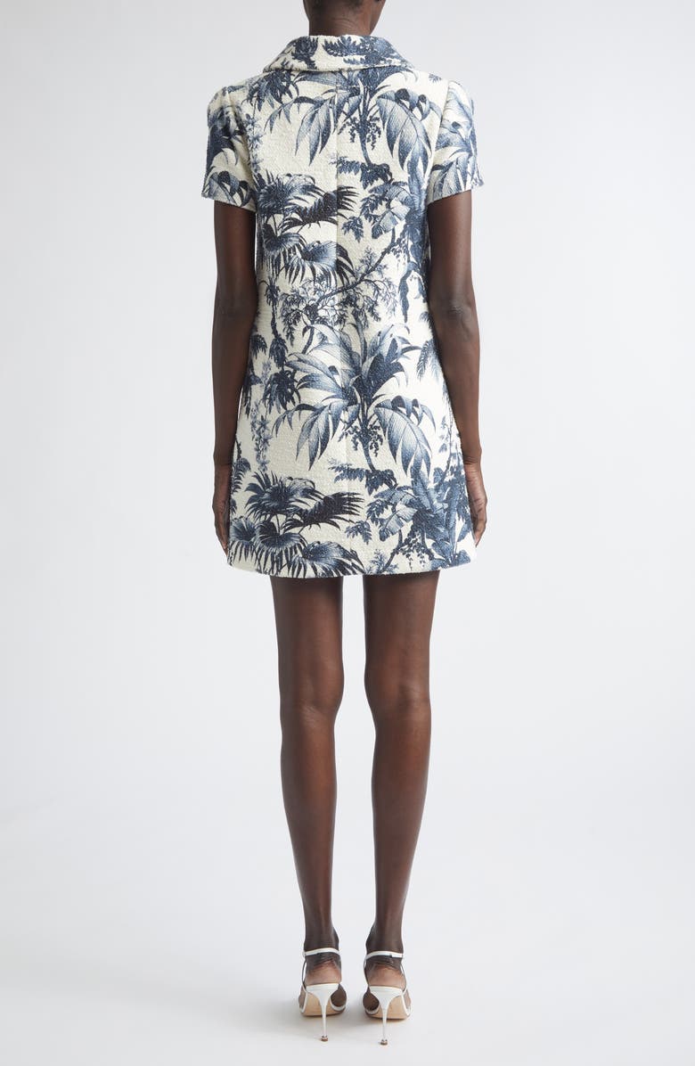Oscar de la Renta Palm Leaves Print Cotton & Wool Blend Tweed Dress, Alternate, color, Navy/ Ivory