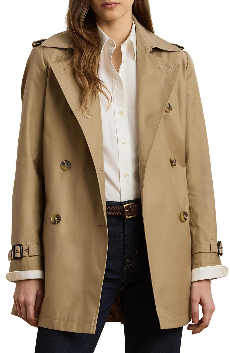Lauren Ralph Lauren Short Double Breasted Trench Coat, Main, color, Birch Tan