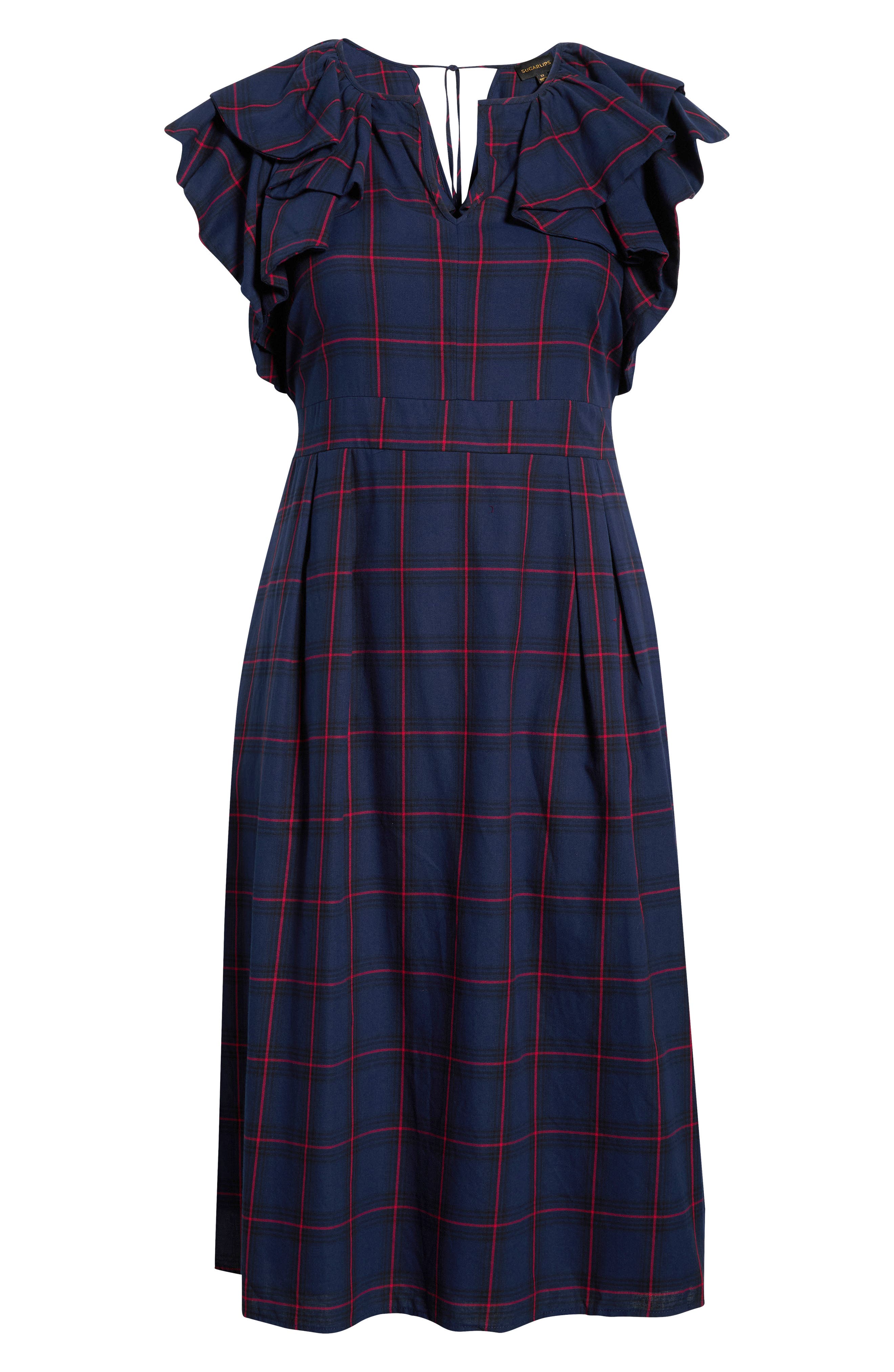SUGARLIPS Holbrook Plaid Santana Tie Back Cotton Midi Dress in Navy-Red 