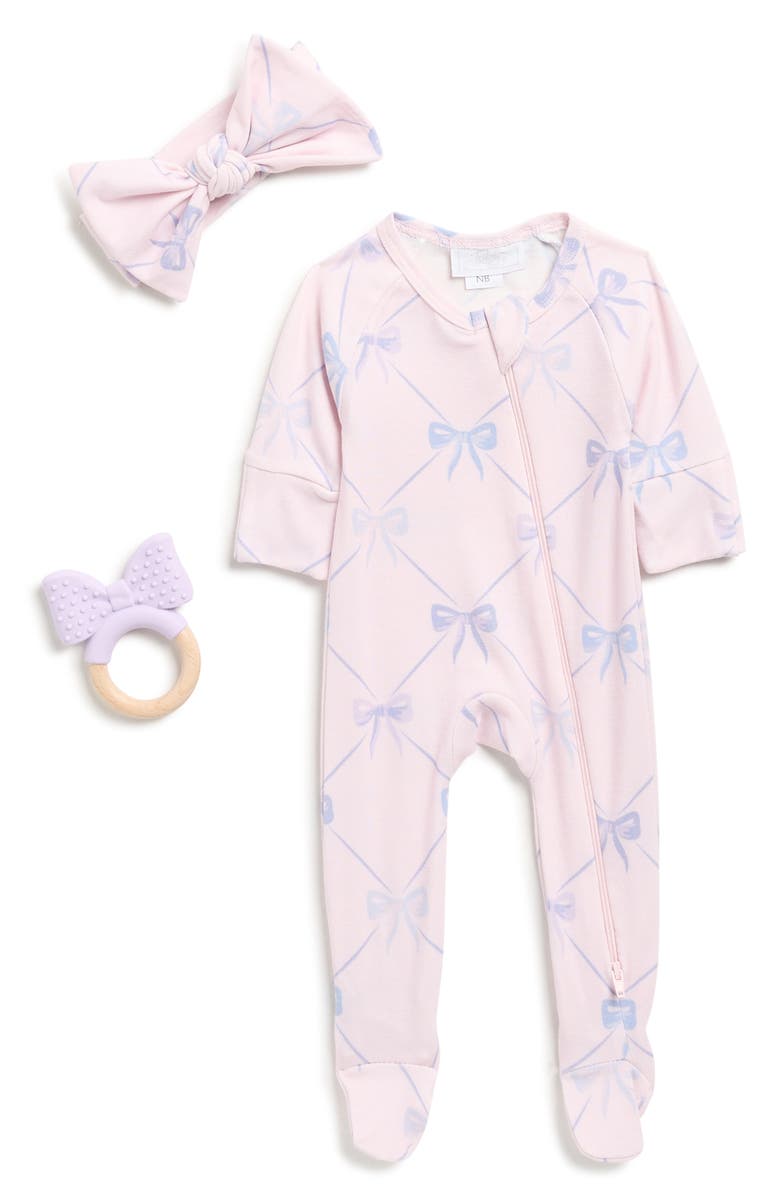 Toby Lattice Bow Footie, Headband & Rattle Set, Main, color, Lilac Sky