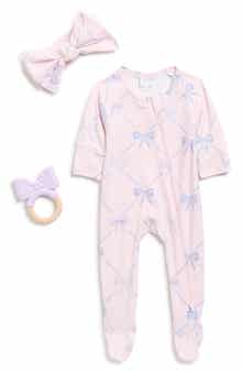 Toby Lattice Bow Footie, Headband & Rattle Set