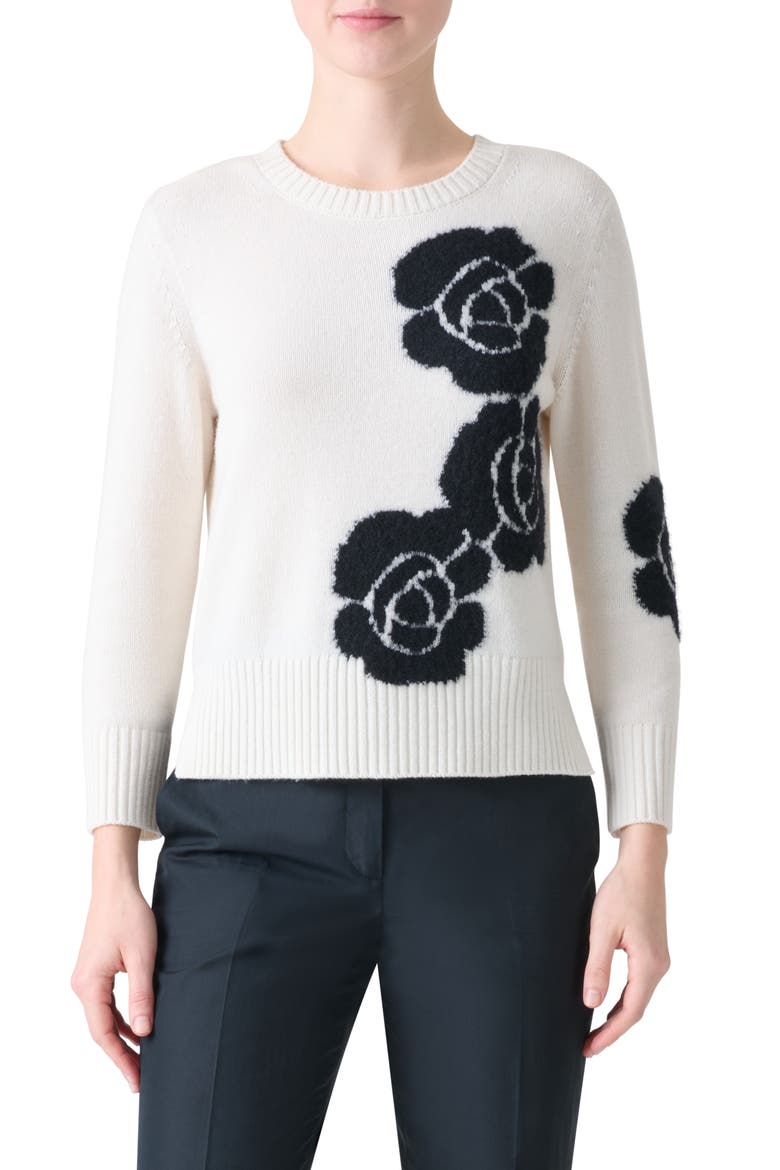 Anemone Intarsia Cashmere & Silk Crewneck Sweater, Main, color, ECRU-BLACK
