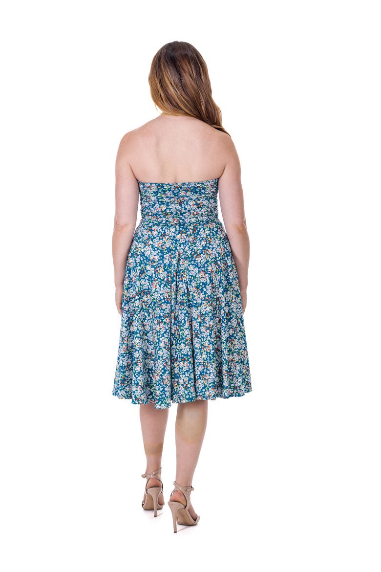 Petites Teal Floral Strapless Tube Top Flowy Knee Length Dress, Alternate, color, Blue Multi