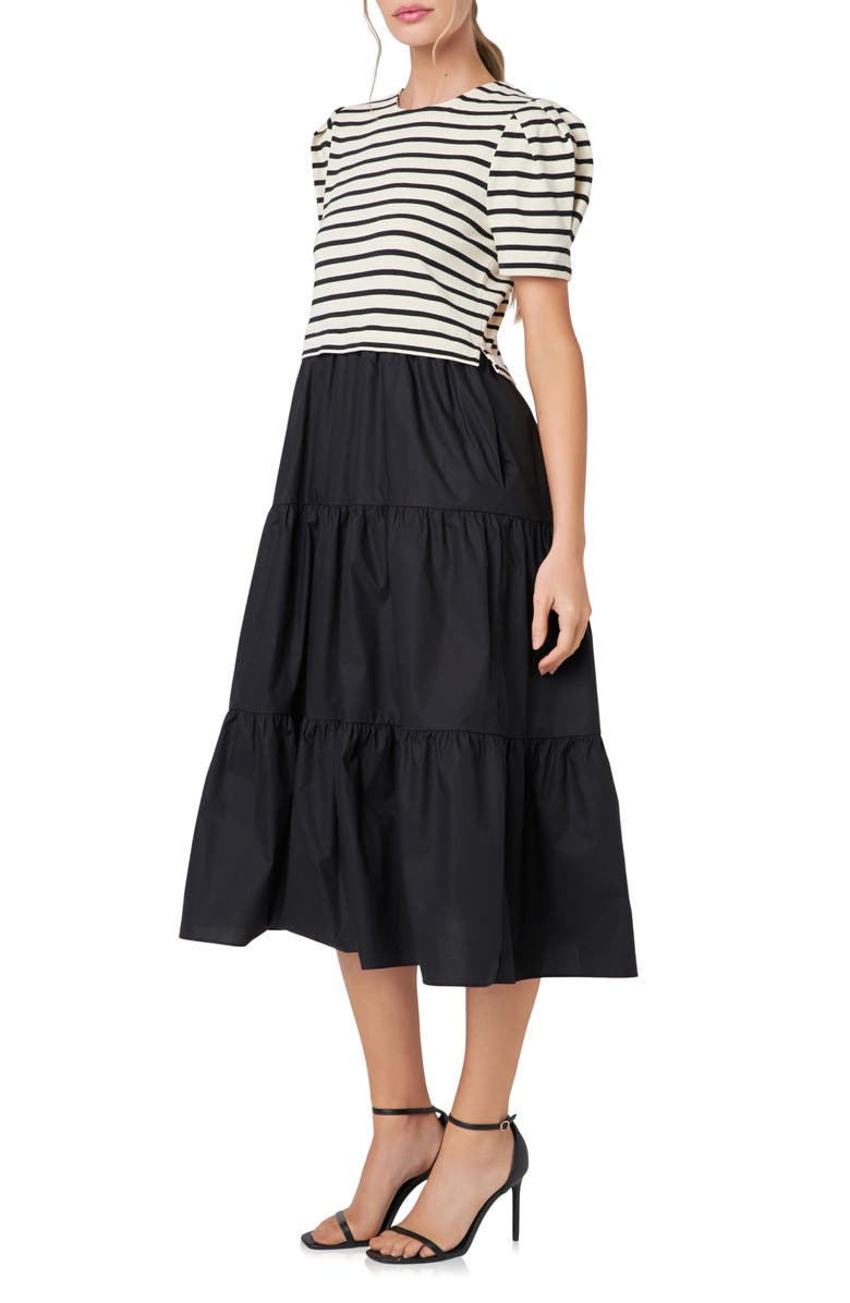 English Factory Tiered Puff Sleeve Mixed Media Dress, Alternate, color, 