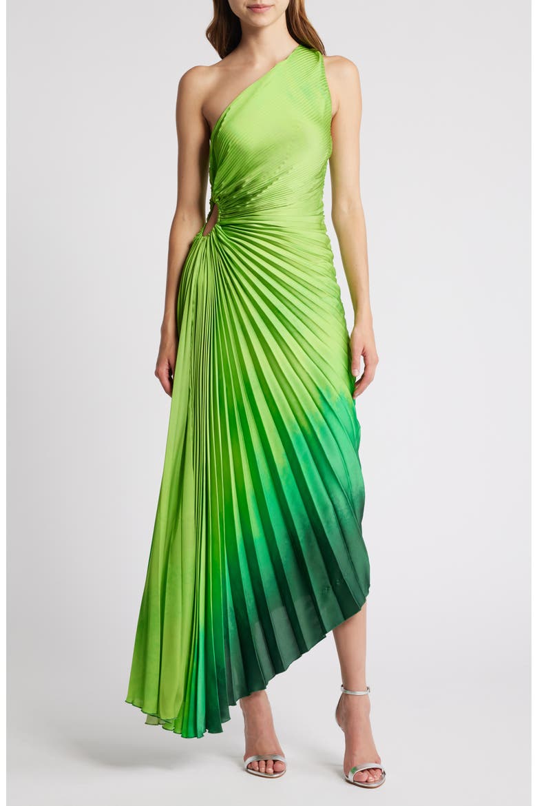 Claudia Ombré Cutout Pleated One-Shoulder Asymmetric Dress, Main, color, GREEN