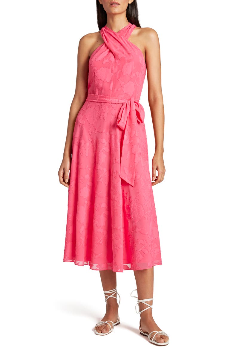 Floral Clipped Chiffon Sleeveless Midi Dress, Main, color, NEON CORAL