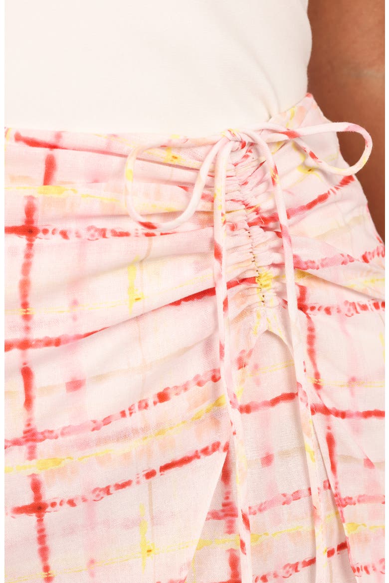 Mirah Drawstring Ruched Cotton & Linen Miniskirt, Alternate, color, SUNSET CHECK