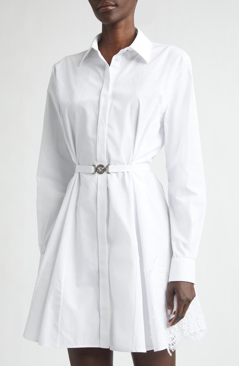 Versace Belted Long Sleeve Cotton Poplin Shirtdress, Alternate, color, Optical White