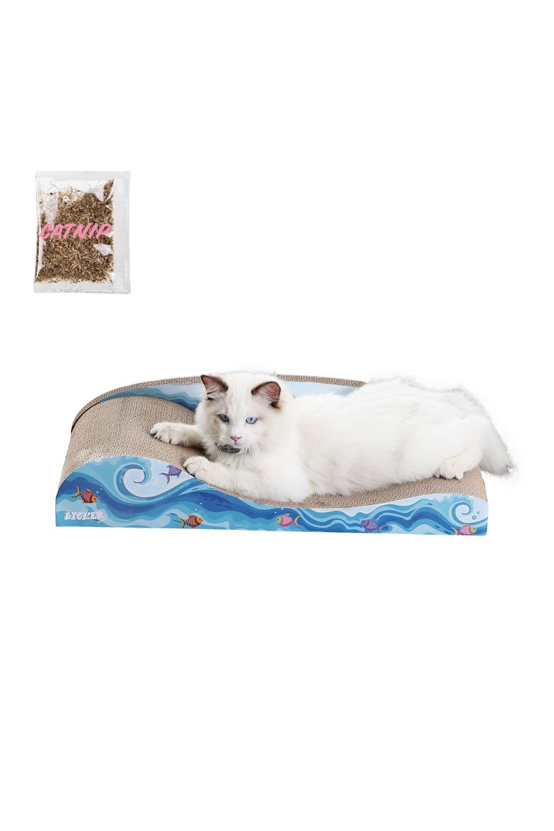 Kokomo Coastal Cardboard Lounge Bed Cat Scratcher with Catnip, Main, color, Blue/Orange