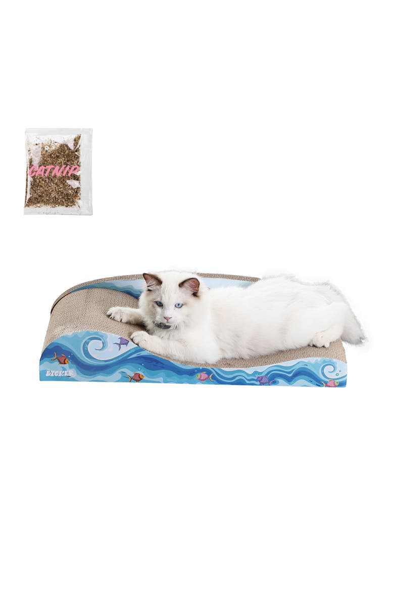 The Licker Store Kokomo 23.75" Coastal Cardboard Lounge Bed Cat Scratcher with Catnip, Main, color, Blue/Orange