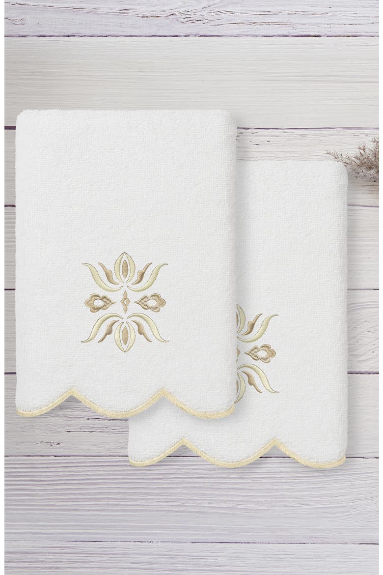 Flower Crest Scalloped Set of 2 Hand Towels, Alternate, color, WHITE/ BEIGE
