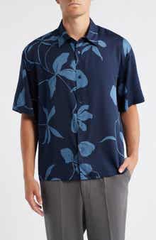 Open Edit Floral Short Sleeve Cotton Button-Up Shirt