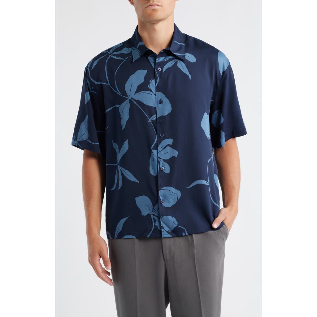 Open Edit Floral Short Sleeve Cotton Button-up Shirt In Multi