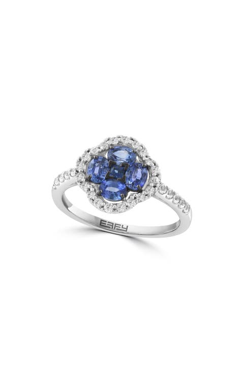 Sterling Silver Blue & White Sapphire Quatrefoil Halo Ring