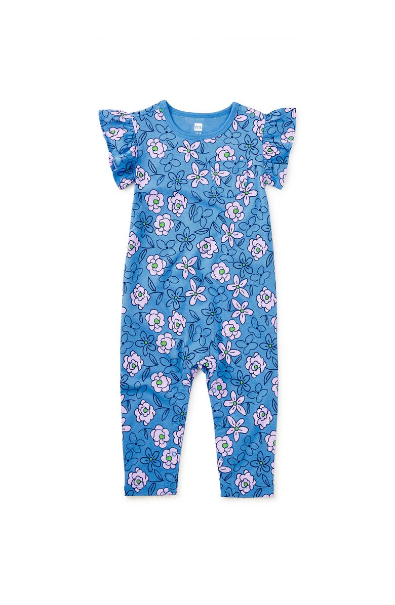 Tea Collection Ruffle Sleeve Pocket Romper, Main, color, Carnation Toss