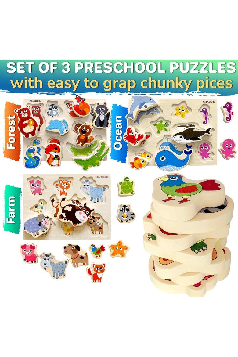 Wooden Puzzle Set for Toddlers - Educational Puzzles, Alternate, color, Chunky Animals