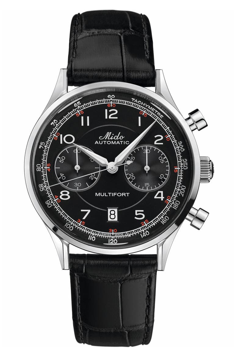 Multifort Patrimony Chronograph Leather Strap Watch, 42mm, Main, color, BLACK