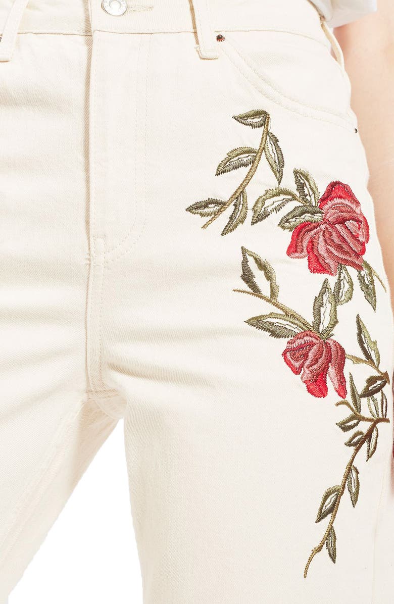 Topshop Rose Embroidered Mom Jeans, Alternate, color,