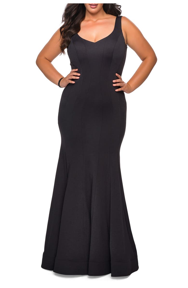 La Femme Long Jersey Plus Size Mermaid Dress, Main, color, Black