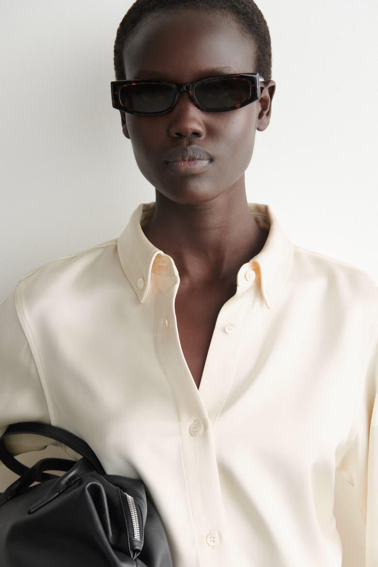 Button-down Collar Satin Shirt, Alternate, color, WHITE