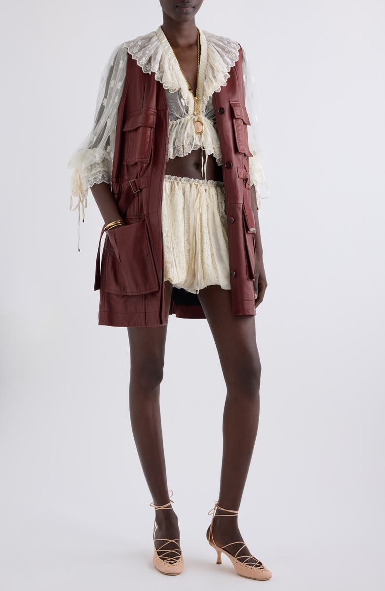 Chloé Sleeveless Leather Utility Coat, Alternate, color, Faded Mahogany