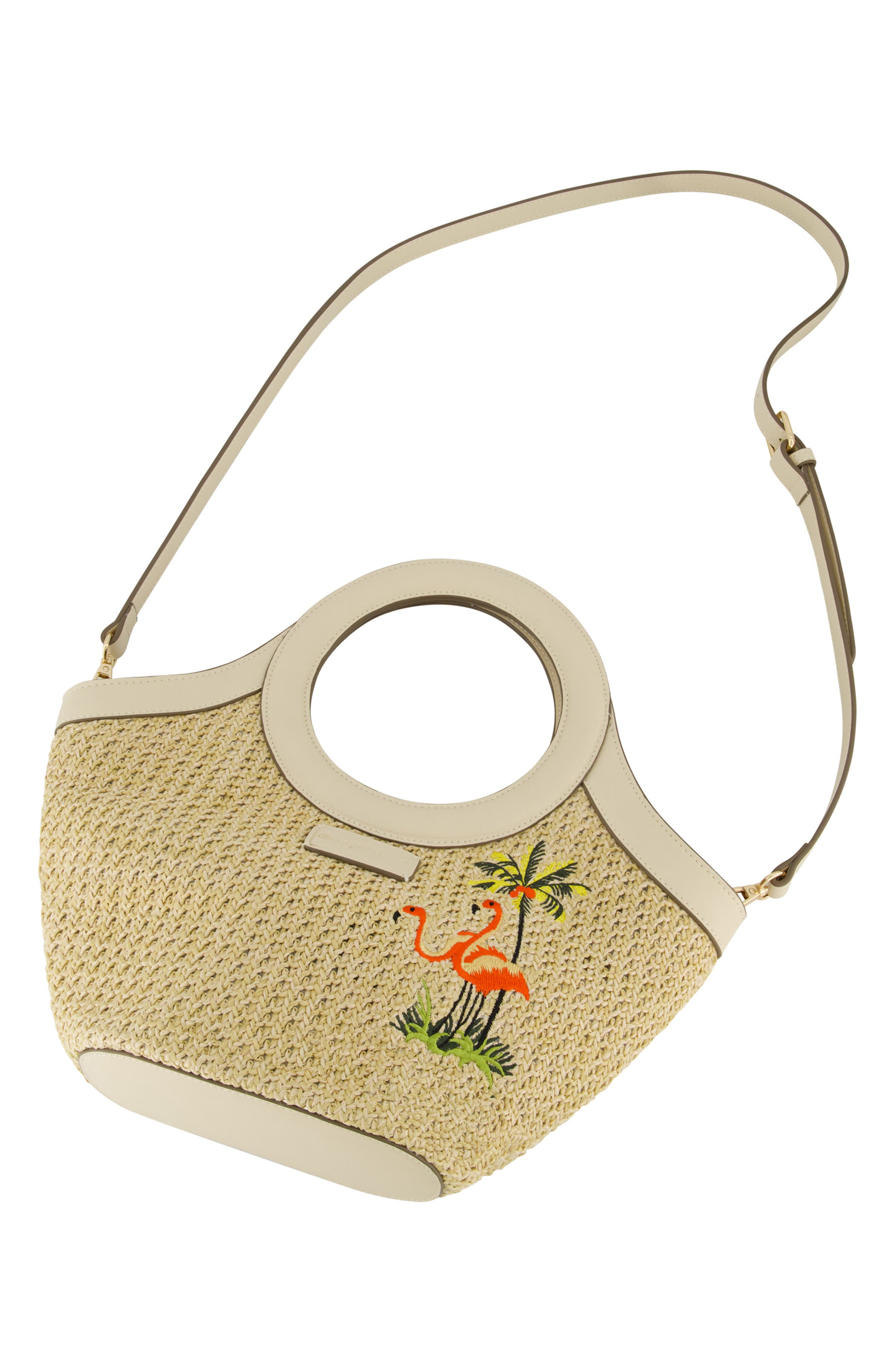 Tommy Bahama Flamingo Embroidered Woven Tote Bag, Alternate, color, Cream