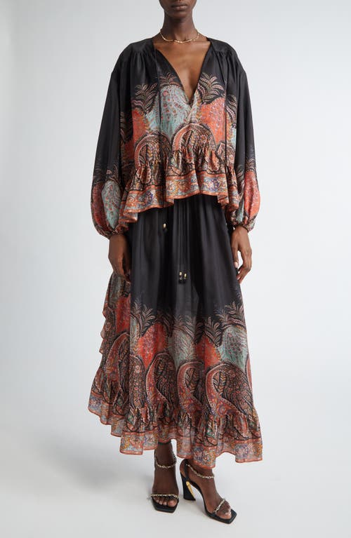 Zimmermann Rhiannon Ruffled Paisley-print Organic Silk Maxi Skirt In Black Paisley