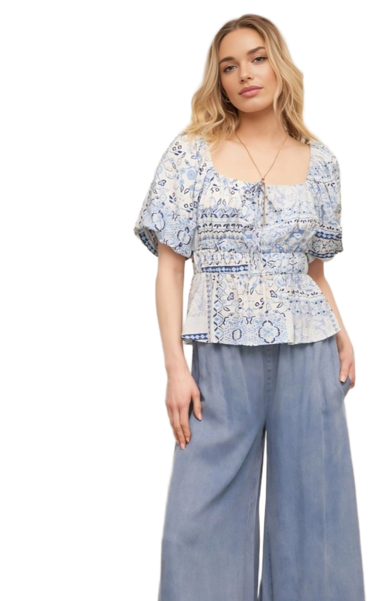 Knit and Lounge Boho Puff Sleeve Tie Front Smocked Waist Peasant Top, Alternate, color, Blue Patchwork