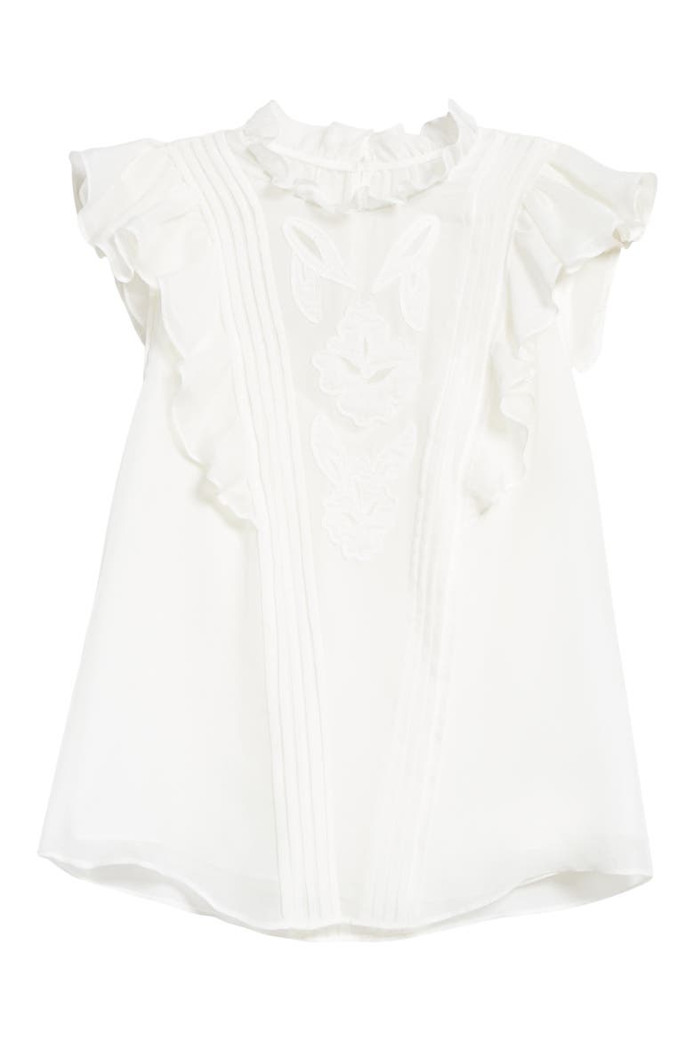 Hana Embroidered Ruffle Sleeve Silk Top, Alternate, color, SNOW