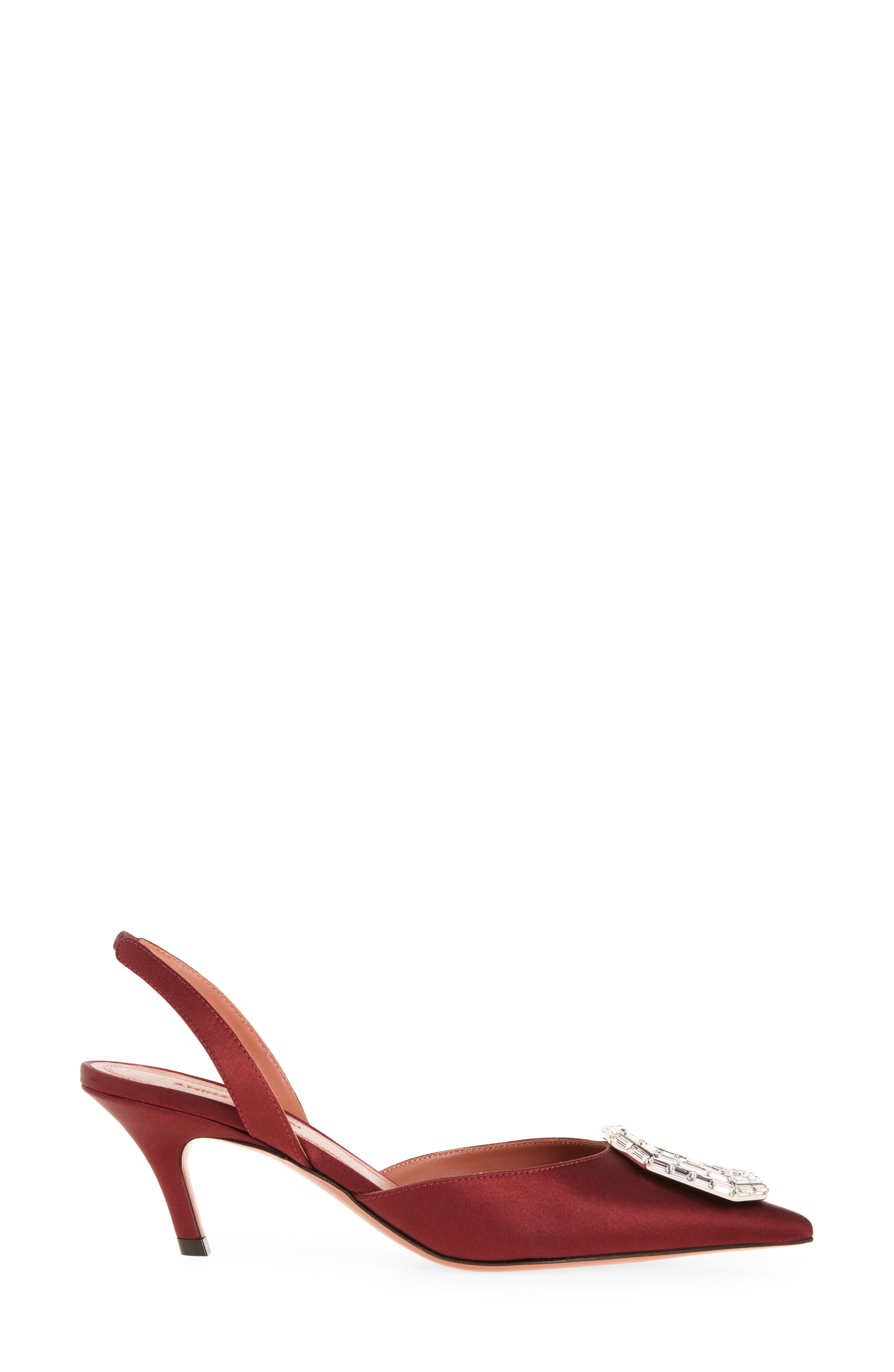 Amina Muaddi Camelia Crystal Buckle Slingback Pump, Alternate, color, Satin Wine White Buckle