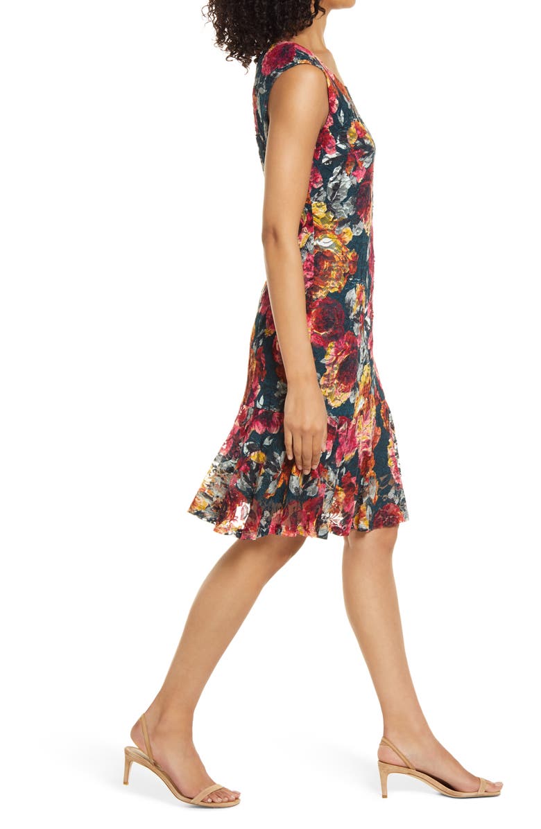 Connected Apparel Floral Print Lace & Ruffle Sheath Dress, Alternate, color, 