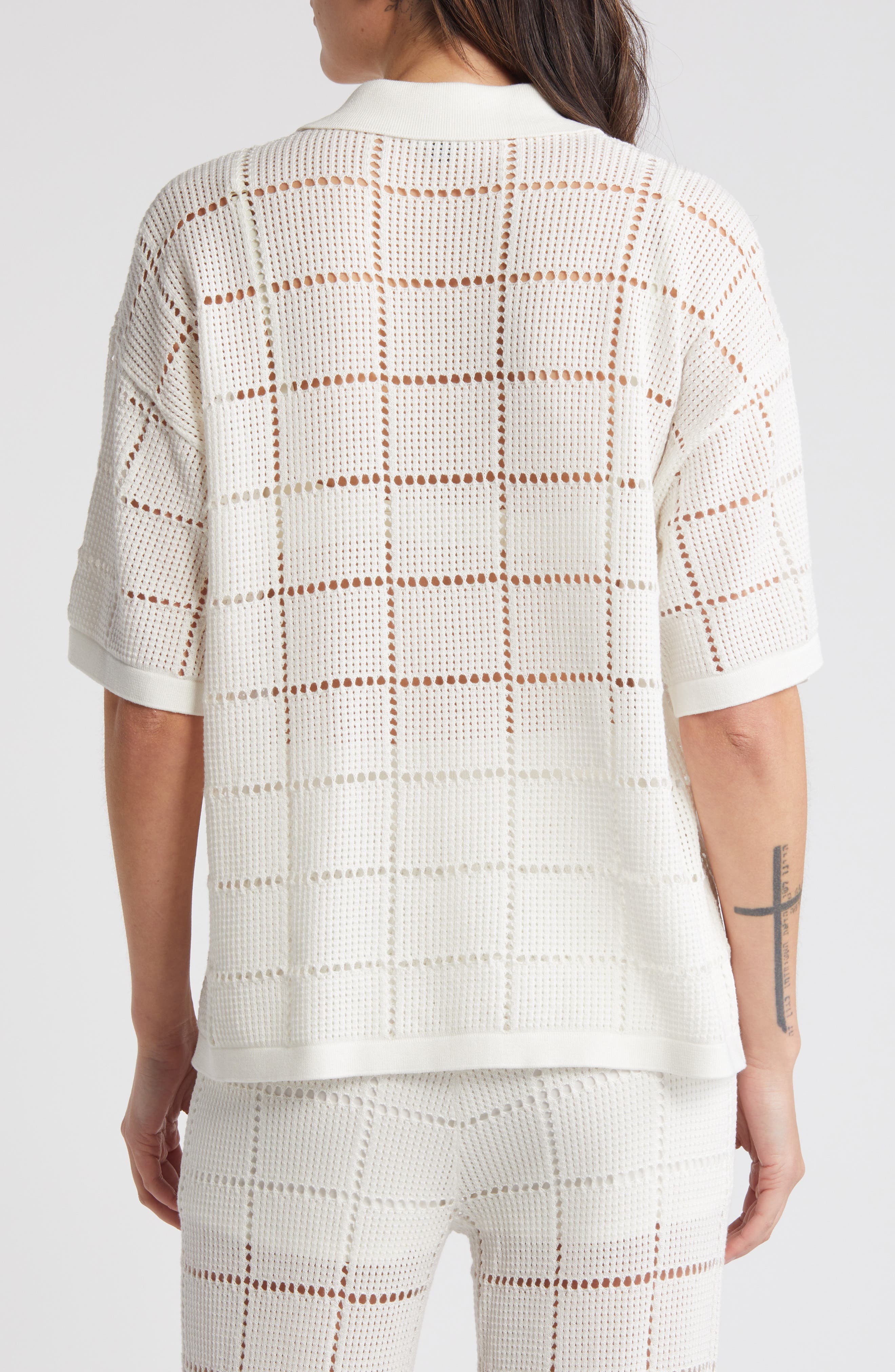 Clemente Open Stitch Short Sleeve Cotton Button-Up Polo Sweater - image 2
