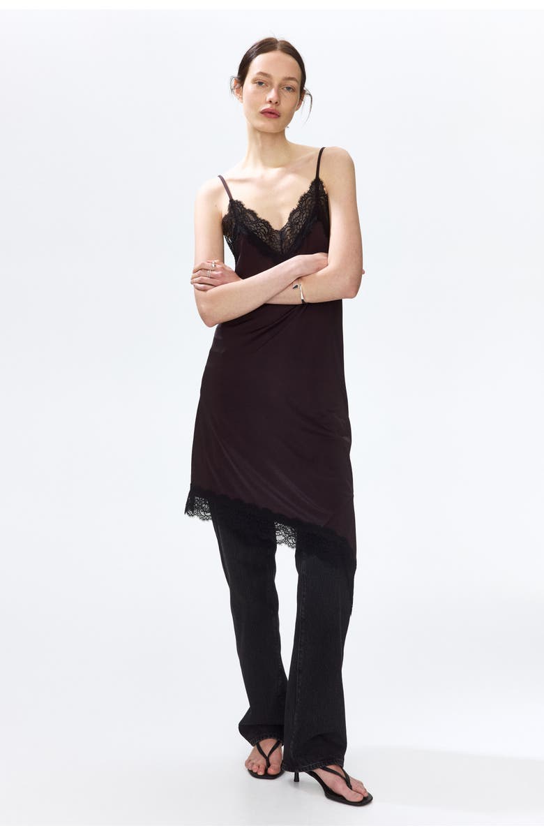 H&M Lace-trimmed slip dress, Alternate, color, Dark Brown/Black